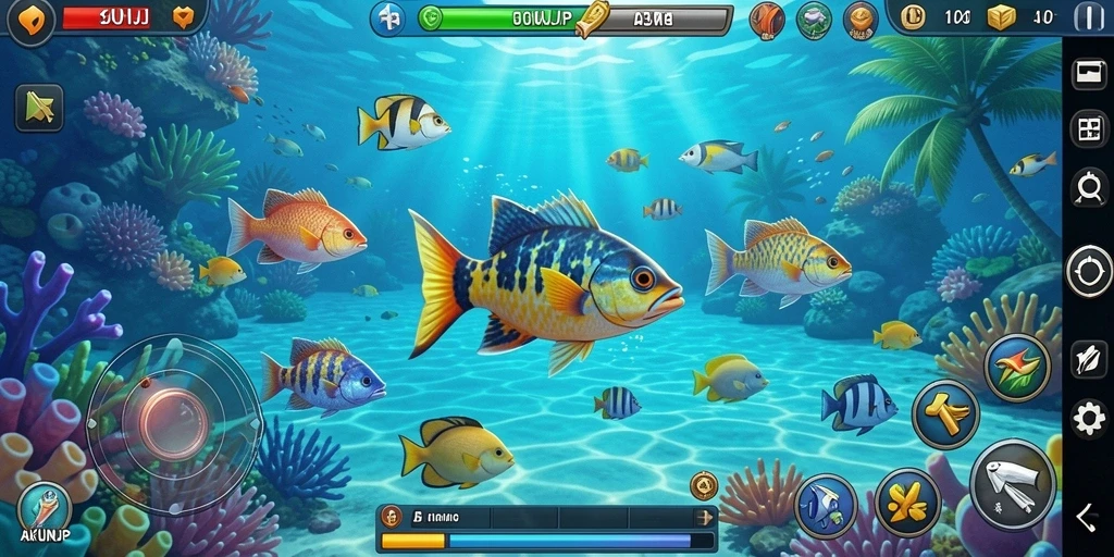 Tampilan gameplay AKUNJP yang menarik saat memancing ikan.