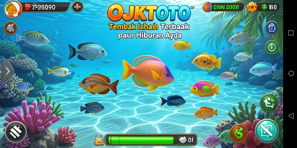 Screenshot gameplay menarik OJKTOTO dengan aksi menembak ikan.