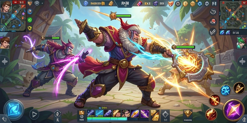 Screenshot dari pertarungan seru dalam RK88 yang menunjukkan aksi gameplay MOBA.