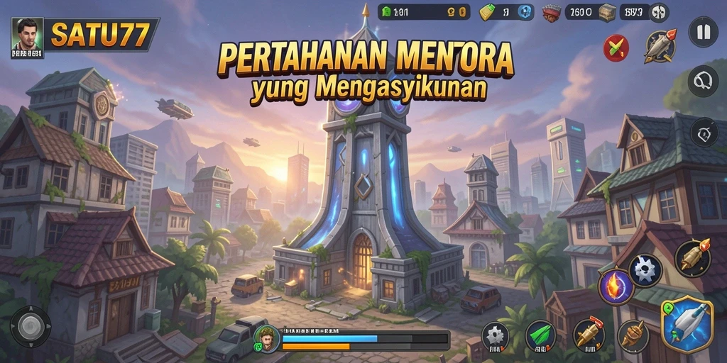 Tangkapan layar gameplay SATU77 menampilkan aksi mendebarkan dengan menara yang melawan gelombang musuh.