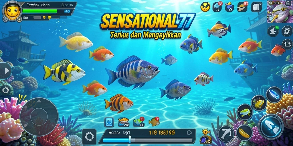 Screenshot gameplay SENSATIONAL77 menampilkan aksi menembak ikan yang seru.