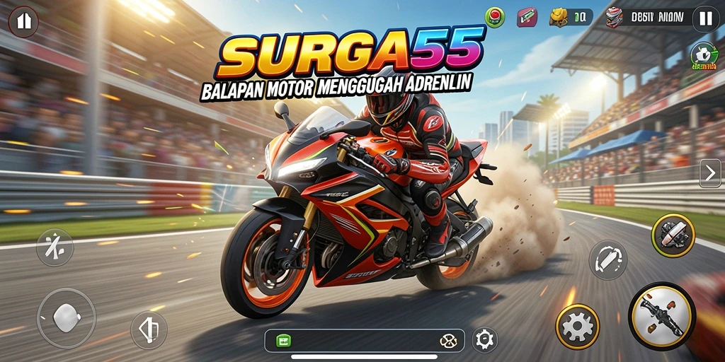 Tampilan gameplay SURGA55 yang menampilkan aksi balapan motor mendebarkan.